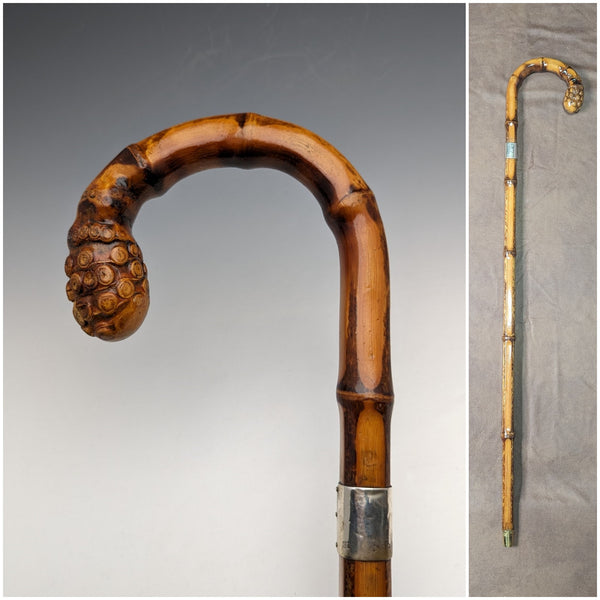 1926 年英國復古男士手杖,弧形手柄,純銀裝飾,竹桿,82 厘米